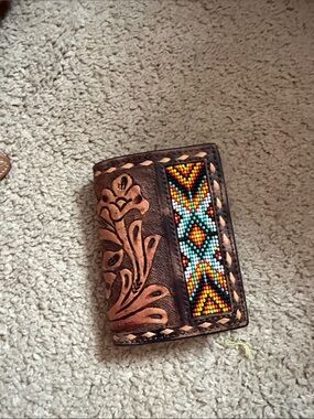 Brown Tooled Leather Wallet with Multicolor Bead Inlay